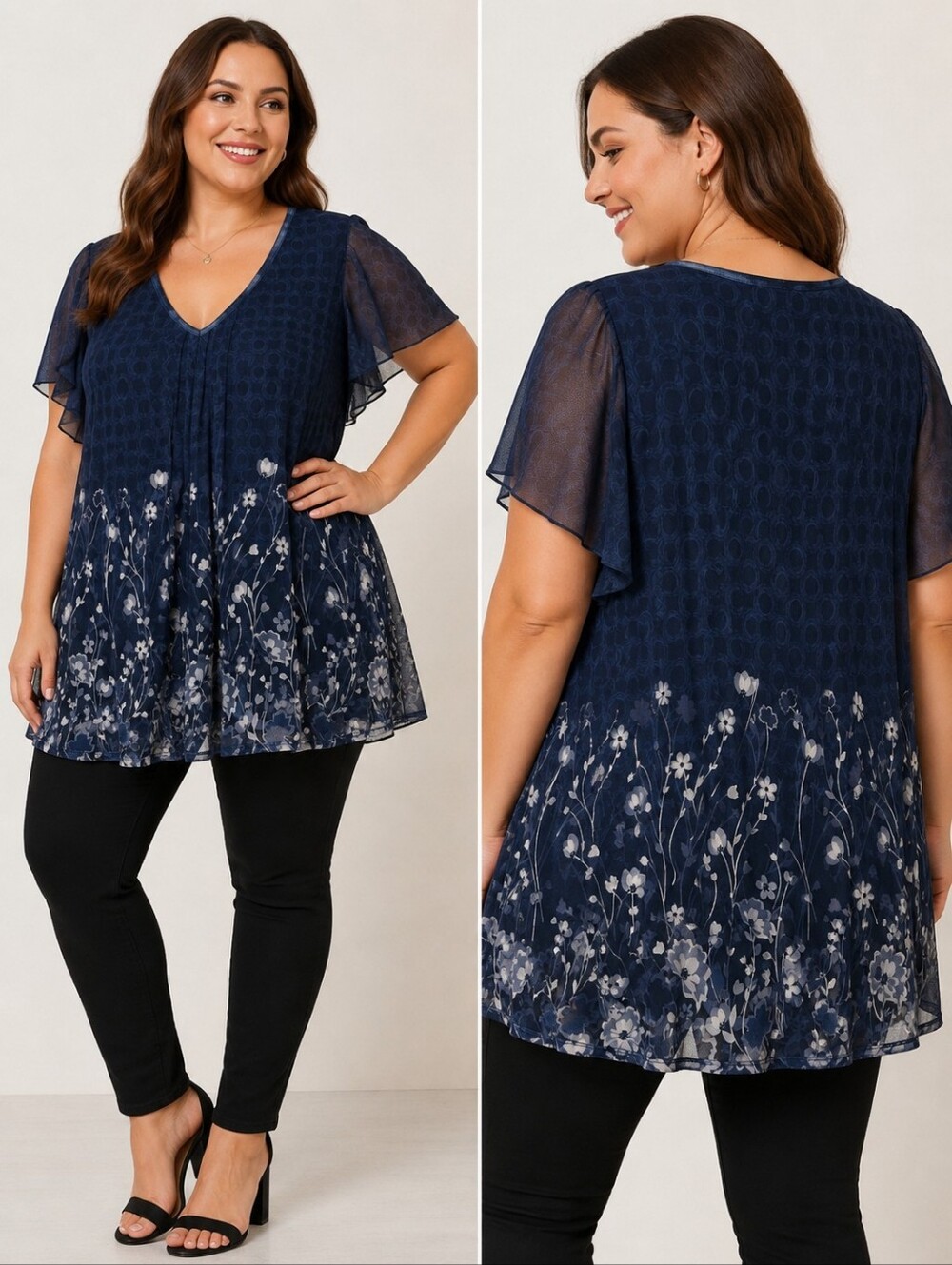Valolia XL Navy Blue Mesh Floral Flutter Sleeve Tunic Top
